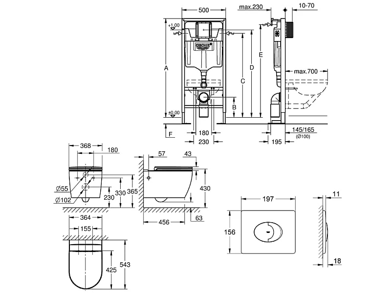 Pack WC suspendu sans bride Start Round Ceramic + Abattant frein de chute + Bâti support autoportant + Plaque de commande chromé