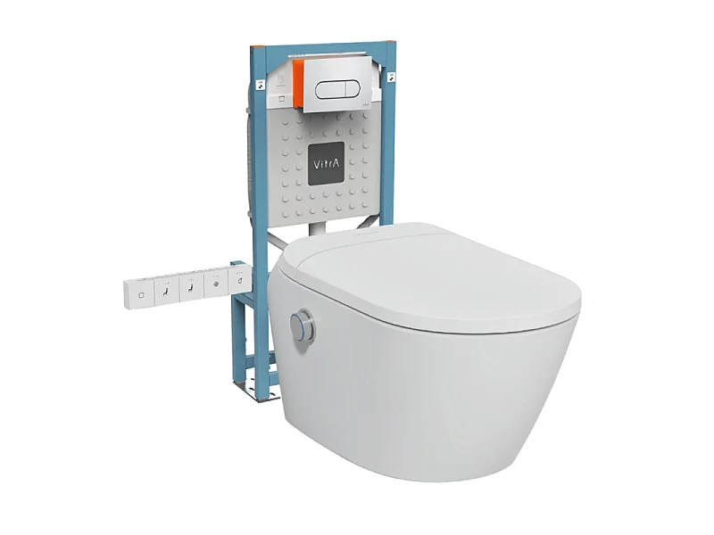 Pack WC lavant suspendu sans bride avec abattant et attentes électriques VitrA V-Care Ultra blanc + bâti autoportant V-Fix Easy + plaque chromé