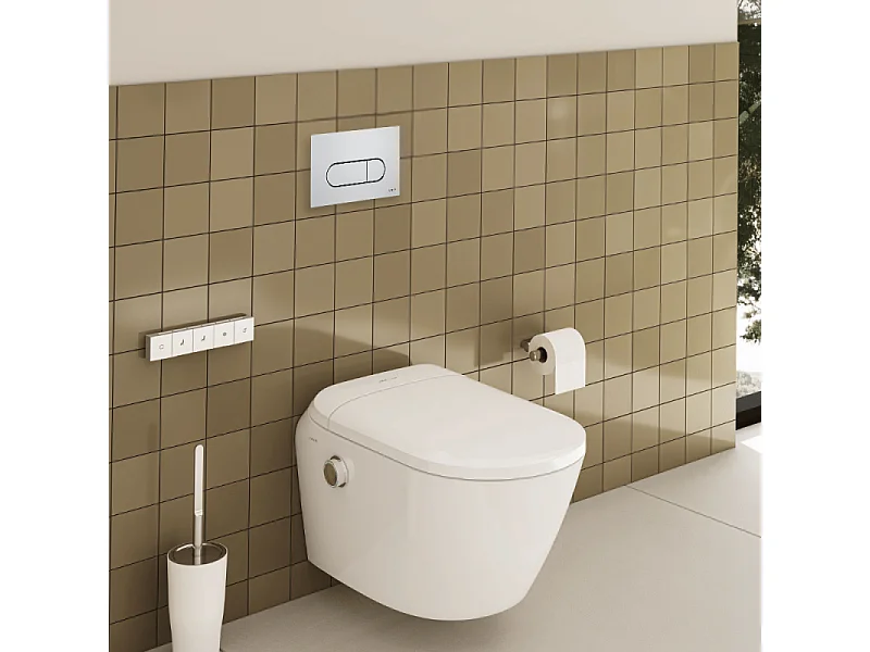 Pack WC lavant suspendu sans bride avec abattant et attentes électriques VitrA V-Care Ultra blanc + bâti autoportant V-Fix Easy + plaque chromé