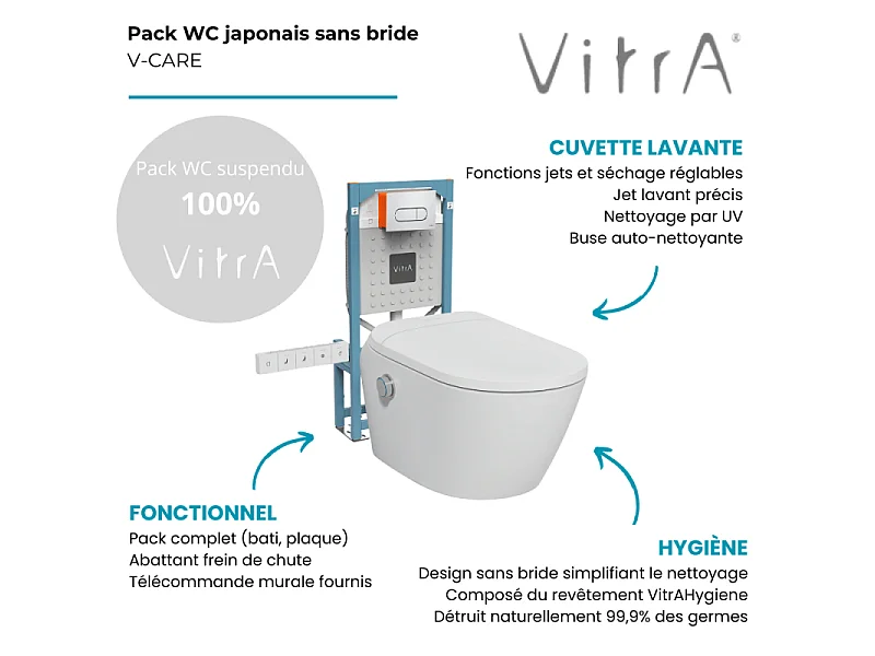 Pack WC lavant suspendu sans bride avec abattant et attentes électriques VitrA V-Care Ultra blanc + bâti autoportant V-Fix Easy + plaque chromé