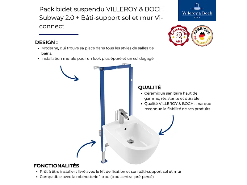 Pack bidet suspendu VILLEROY & BOCH Subway 2.0 + Bâti-support sol et mur Vi-connect