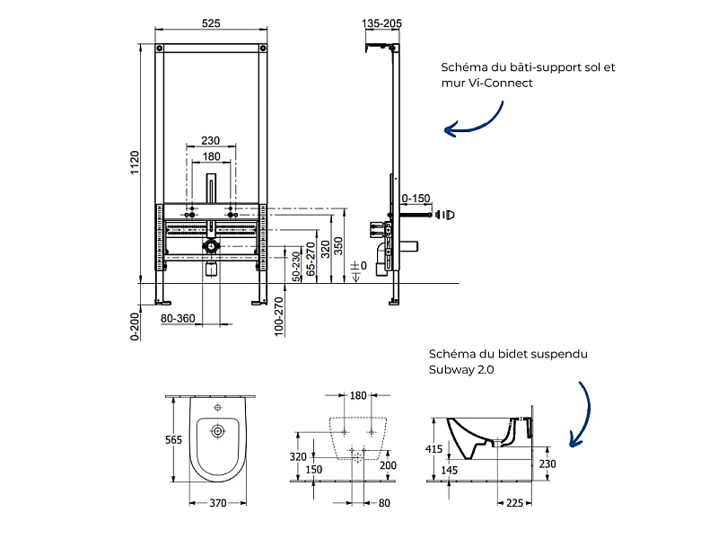 Pack bidet suspendu VILLEROY & BOCH Subway 2.0 + Bâti-support sol et mur Vi-connect