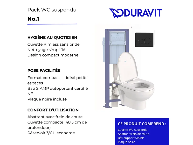Pack cuvette WC suspendu sans bride compact DURAVIT DURAVIT NO. 1 + abattant frein de chute + bâti-support SIAMP + plaque noire