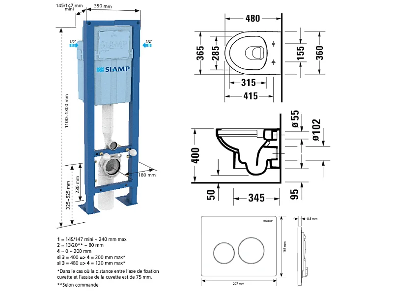 Pack cuvette WC suspendu sans bride compact DURAVIT DURAVIT NO. 1 + abattant frein de chute + bâti-support SIAMP + plaque noire