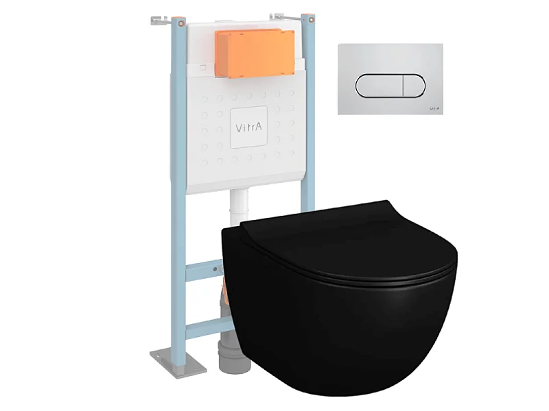 Pack WC suspendu VitrA Sento noir + bâti autoportant V-Fix Core + Plaque Round chromé