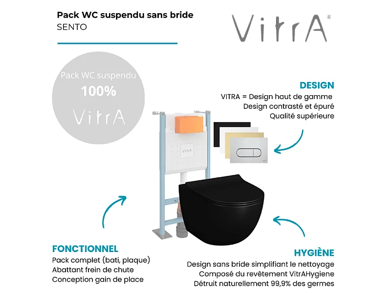 Pack WC suspendu VitrA Sento noir + bâti autoportant V-Fix Core + Plaque Round chromé