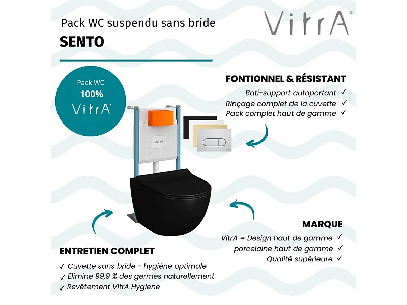 Pack WC suspendu VitrA Sento noir + bâti autoportant V-Fix Core + Plaque Round chromé