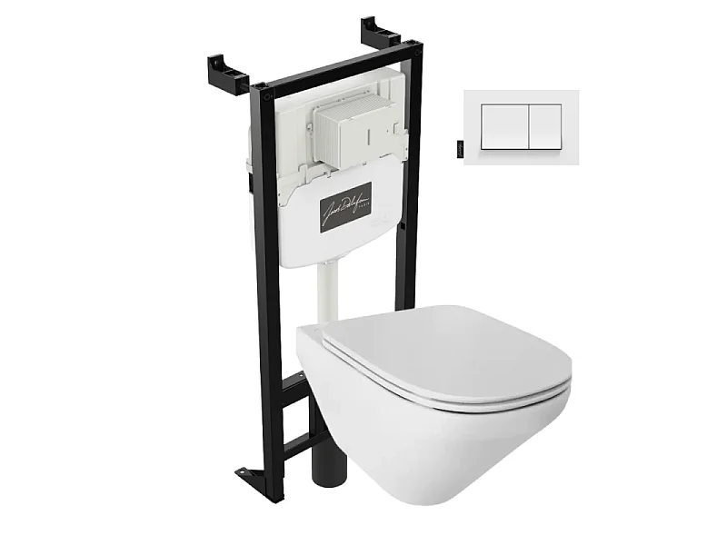 Pack cuvette WC suspendu sans bride JACOB DELAFON Moderne Life avec abattant frein de chute déclipsable  + bâti support + plaque