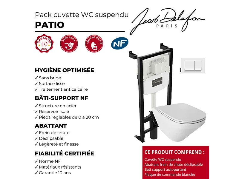 Pack cuvette WC suspendu sans bride JACOB DELAFON Moderne Life avec abattant frein de chute déclipsable  + bâti support + plaque