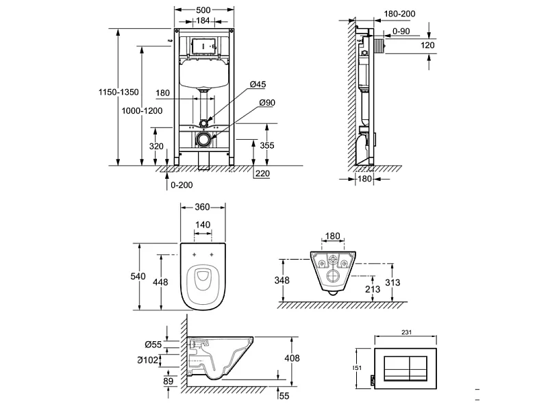 Pack cuvette WC suspendu sans bride JACOB DELAFON Moderne Life avec abattant frein de chute déclipsable  + bâti support + plaque