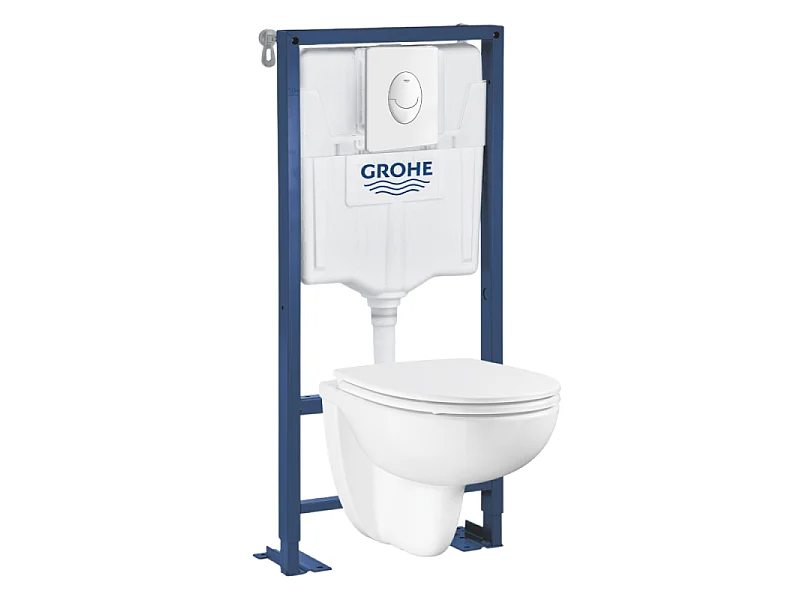 Pack WC suspendu sans bride GROHE Bau ceramic + Bâti support Solido + abattant + plaque ovale blanc alpin