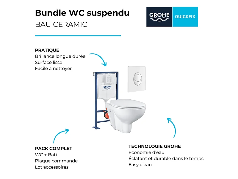 Pack WC suspendu sans bride GROHE Bau ceramic + Bâti support Solido + abattant + plaque ovale blanc alpin