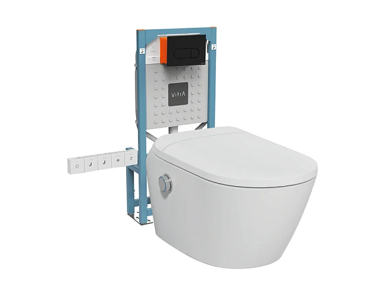 Pack WC lavant suspendu sans bride avec abattant et attentes électriques VitrA V-Care Ultra blanc + bâti autoportant V-Fix Easy + plaque noir mat