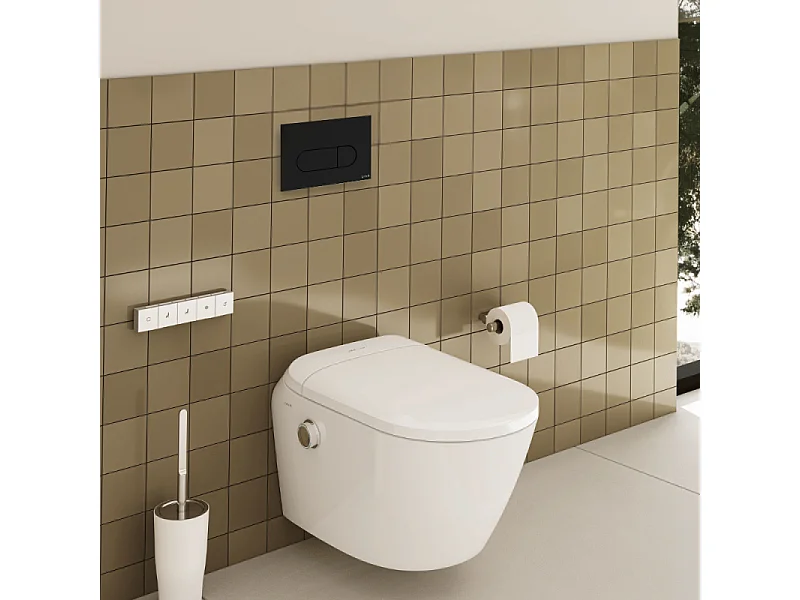 Pack WC lavant suspendu sans bride avec abattant et attentes électriques VitrA V-Care Ultra blanc + bâti autoportant V-Fix Easy + plaque noir mat