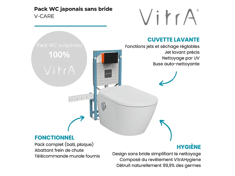 Pack WC lavant suspendu sans bride avec abattant et attentes électriques VitrA V-Care Ultra blanc + bâti autoportant V-Fix Easy + plaque noir mat