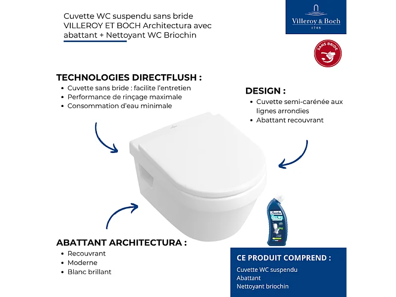 Cuvette WC suspendu sans bride VILLEROY & BOCH Architectura avec abattant + nettoyant WC Briochin