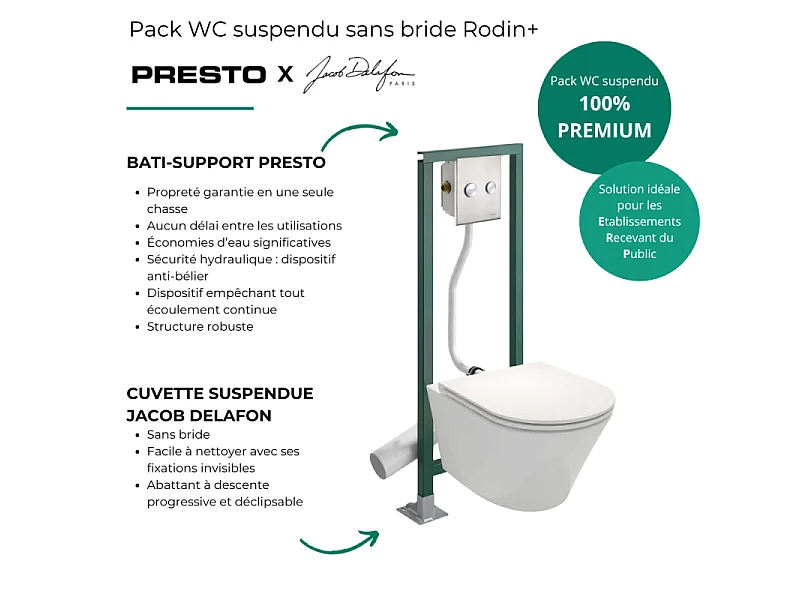 Pack WC suspendu sans bride JACOB DELAFON Rodin+ + Abattant frein de chute + Bâti-support autoportant PRESTO + Plaque chromée