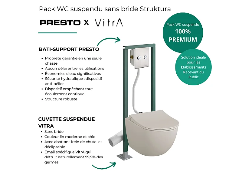 Pack WC suspendu sans bride VitrA Sento lin + Abattant frein de chute + Bâti-support autoportant PRESTO + Plaque chromée
