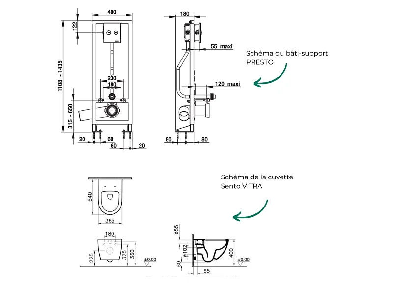 Pack WC suspendu sans bride VitrA Sento lin + Abattant frein de chute + Bâti-support autoportant PRESTO + Plaque chromée