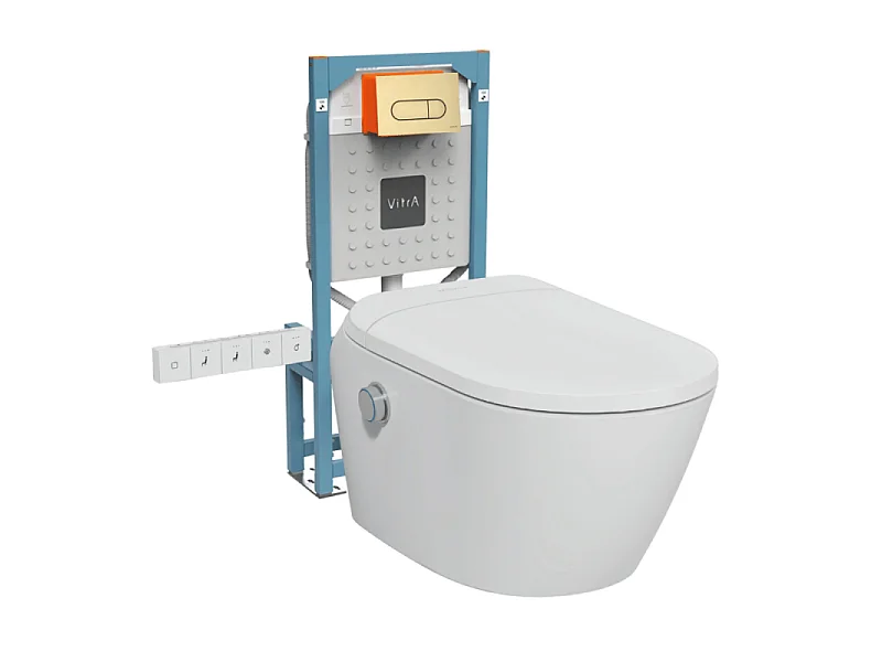 Pack WC lavant suspendu sans bride avec abattant et attentes électriques VitrA V-Care Ultra blanc + bâti autoportant V-Fix Easy + plaque or brossé