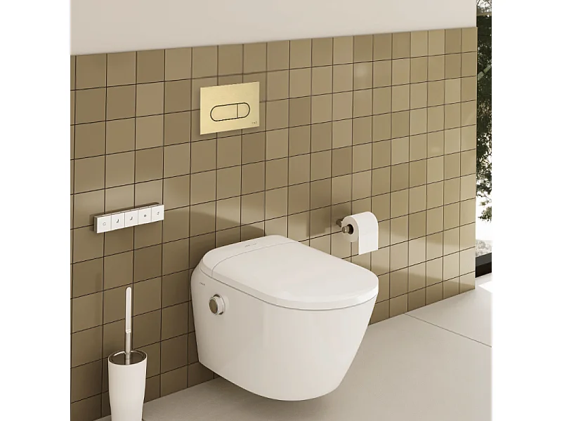 Pack WC lavant suspendu sans bride avec abattant et attentes électriques VitrA V-Care Ultra blanc + bâti autoportant V-Fix Easy + plaque or brossé