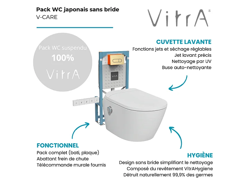 Pack WC lavant suspendu sans bride avec abattant et attentes électriques VitrA V-Care Ultra blanc + bâti autoportant V-Fix Easy + plaque or brossé