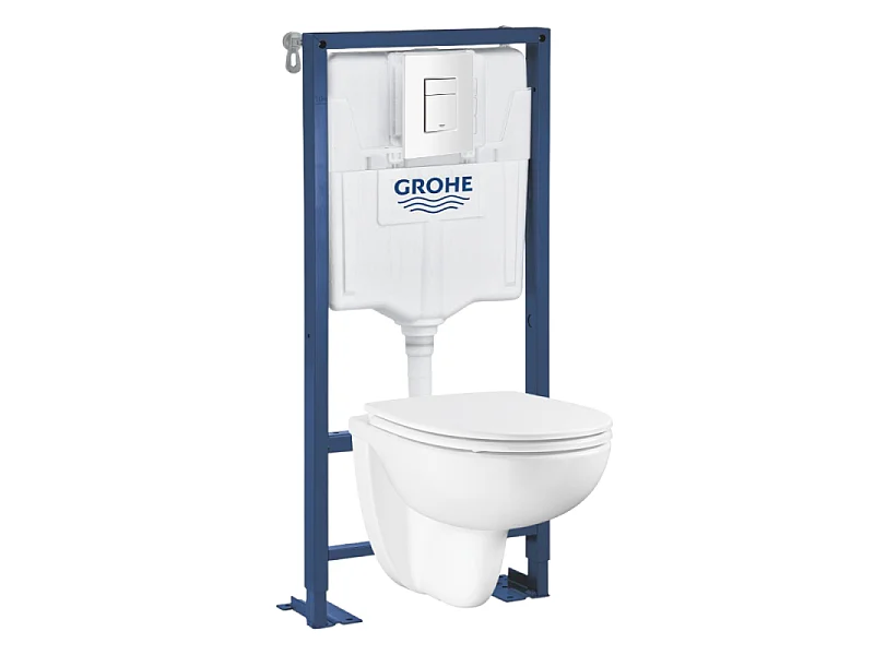 Pack WC suspendu sans bride GROHE Bau ceramic + Bâti support + abattant + plaque carré blanc alpin