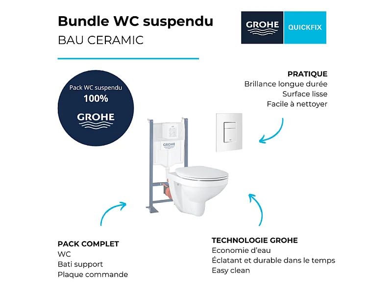 Pack WC suspendu sans bride GROHE Bau ceramic + Bâti support + abattant + plaque carré blanc alpin
