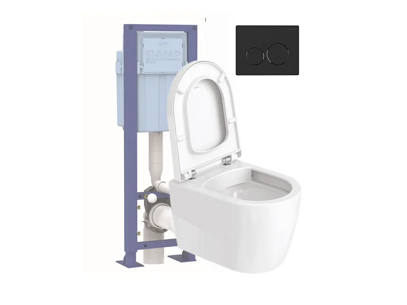 Pack cuvette WC suspendu sans bride compact DURAVIT ME BY STARCK + abattant frein de chute + bâti-support SIAMP + plaque noire