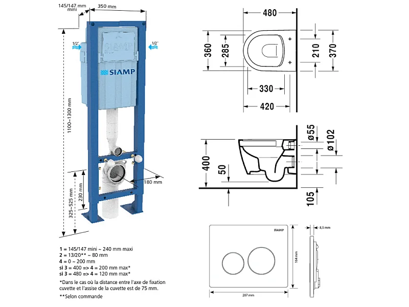 Pack cuvette WC suspendu sans bride compact DURAVIT ME BY STARCK + abattant frein de chute + bâti-support SIAMP + plaque noire