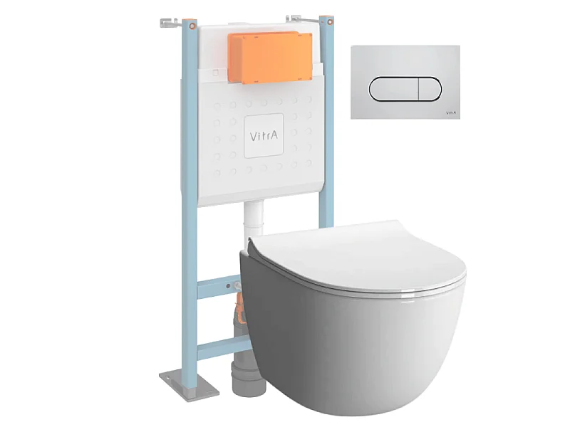 Pack WC suspendu VitrA Sento blanc + bâti autoportant V-Fix Core + Plaque Round chromé