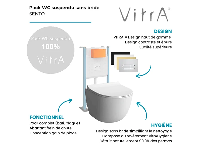 Pack WC suspendu VitrA Sento blanc + bâti autoportant V-Fix Core + Plaque Round chromé