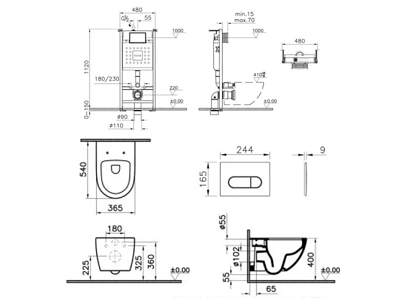 Pack WC suspendu VitrA Sento blanc + bâti autoportant V-Fix Core + Plaque Round chromé