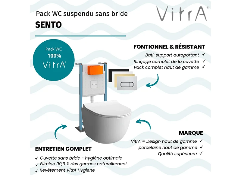 Pack WC suspendu VitrA Sento blanc + bâti autoportant V-Fix Core + Plaque Round chromé