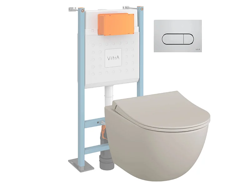 Pack WC suspendu VitrA Sento lin mat + bâti autoportant V-Fix Core + Plaque Round chromé