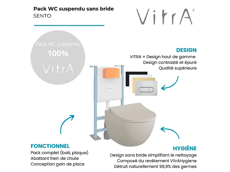 Pack WC suspendu VitrA Sento lin mat + bâti autoportant V-Fix Core + Plaque Round chromé