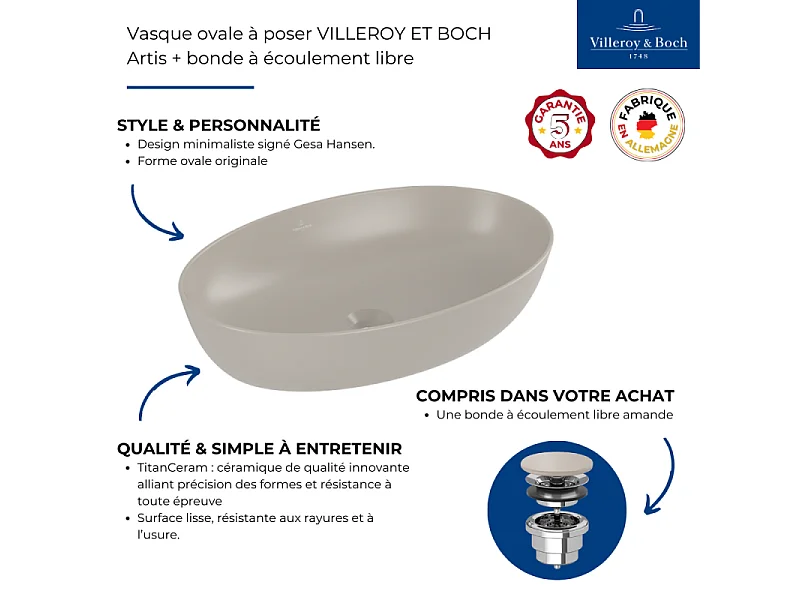 Vasque ovale à poser VILLEROY ET BOCH Artis + bonde à écoulement libre Amande