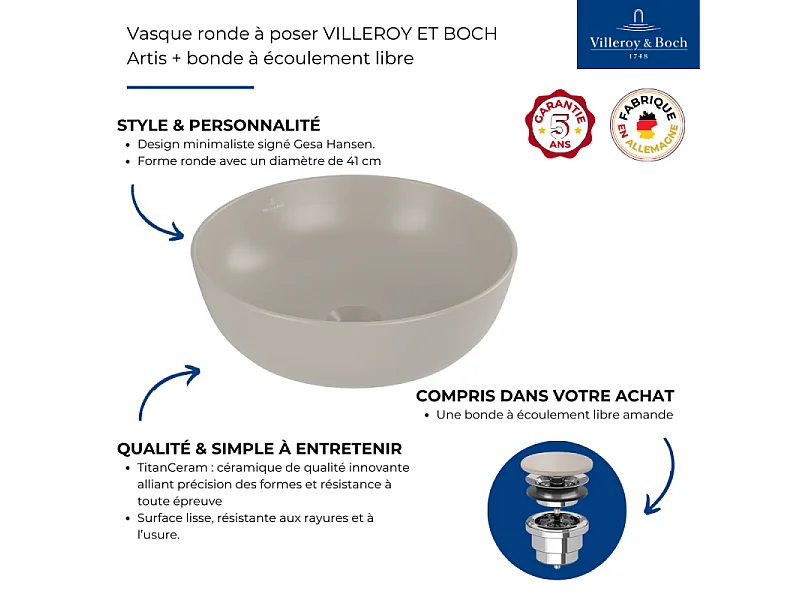 Vasque ronde à poser VILLEROY ET BOCH Artis + bonde à écoulement libre Amande