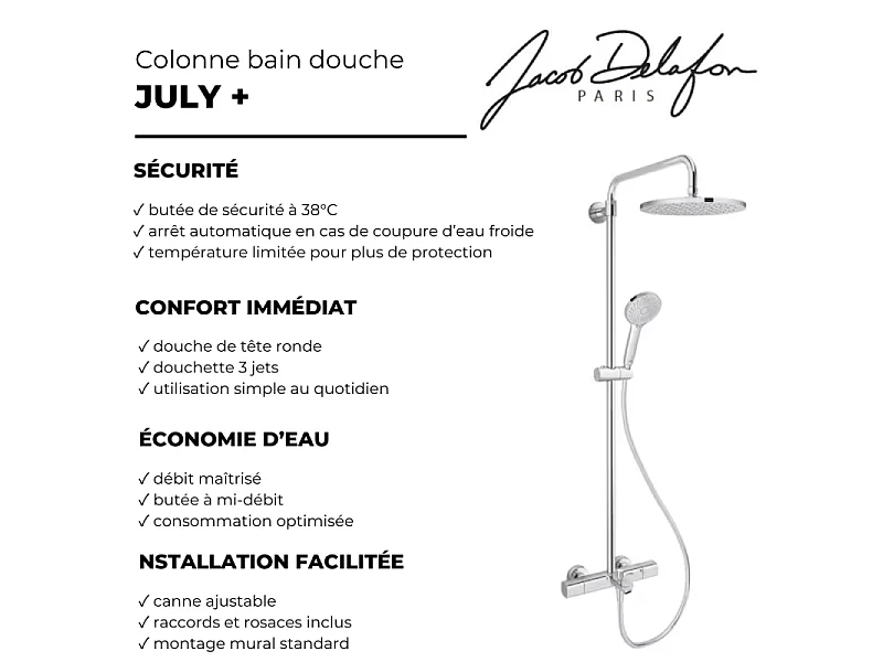 Colonne bain douche thermostatique JACOB DELAFON July+ chromé