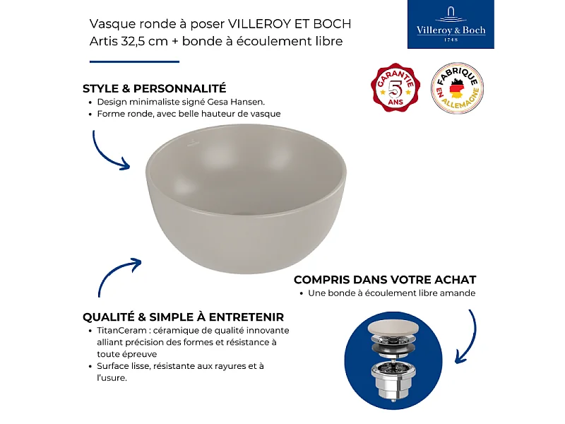 Vasque ronde à poser VILLEROY ET BOCH Artis 32,5cm + bonde à écoulement libre Amande