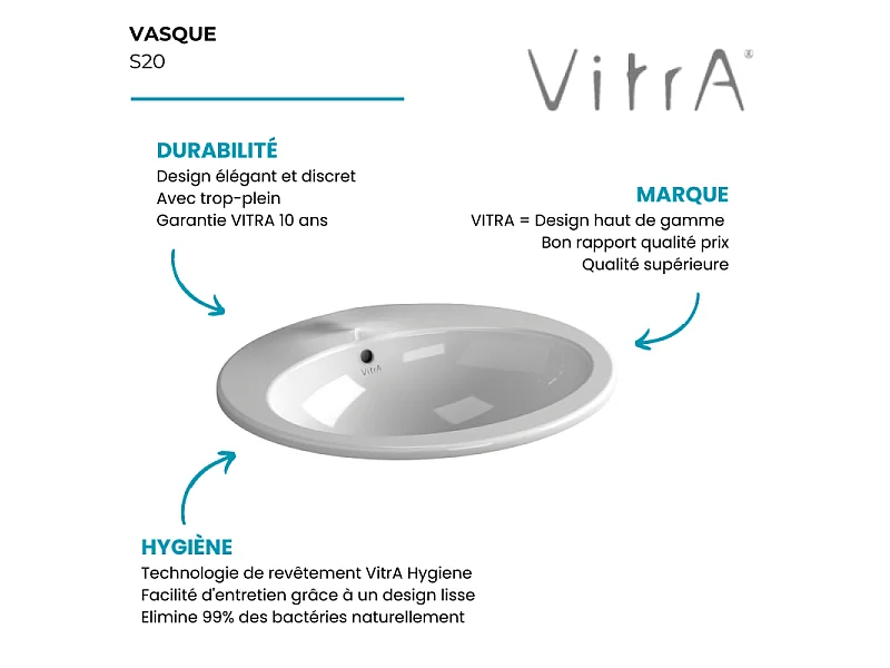 Vasque à encastrer par le dessus VitrA S20 avec trou robinetterie