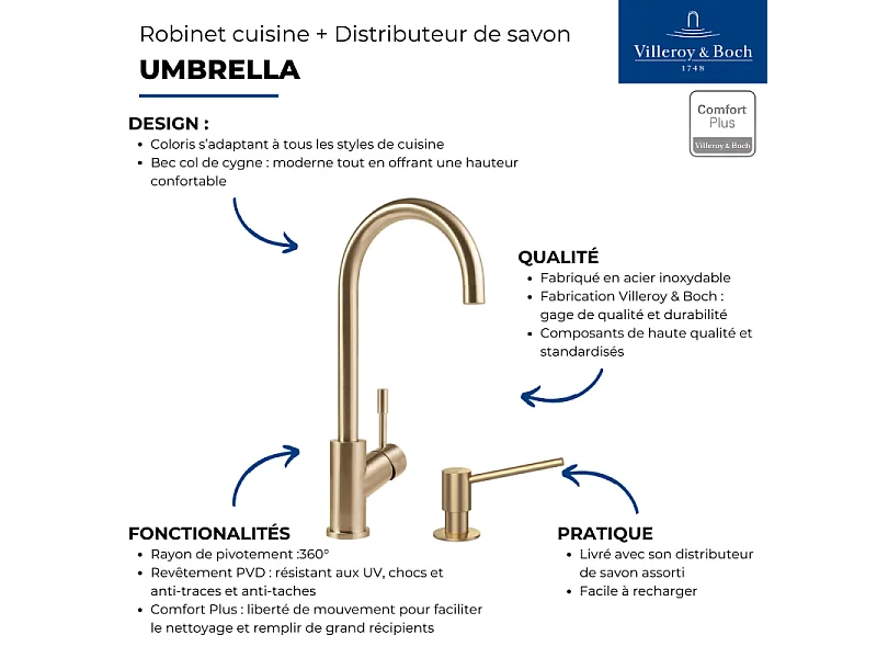 Robinet cuisine VILLEROY ET BOCH Umbrella + Distributeur de savon Or mat