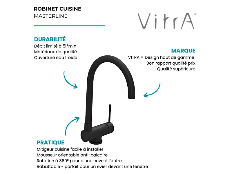 Robinet cuisine rabattable VitrA Masterline noir mat