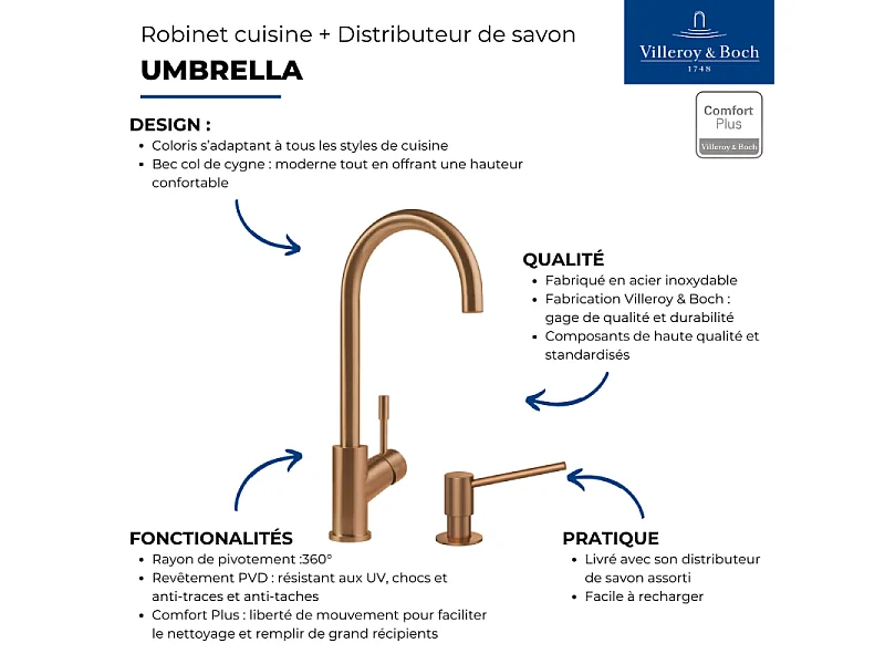 Robinet cuisine VILLEROY ET BOCH Umbrella + Distributeur de savon Bronze
