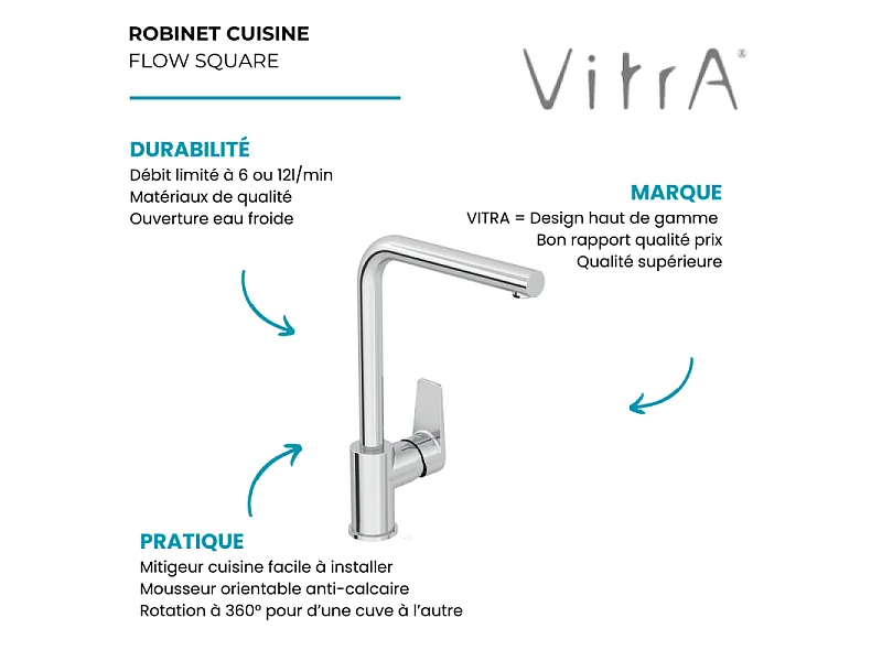 Robinet de cuisine bec haut VitrA Flow Square chromé
