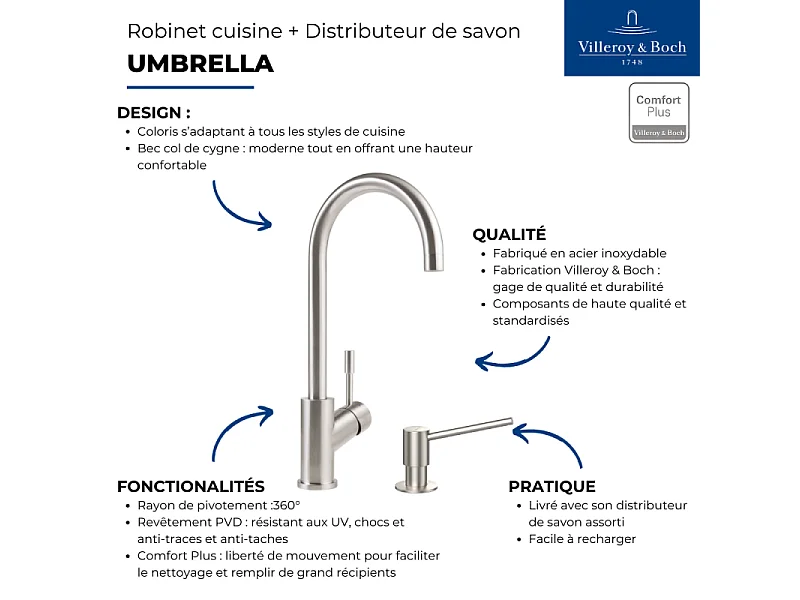 Robinet cuisine VILLEROY ET BOCH Umbrella + Distributeur de savon Acier massif