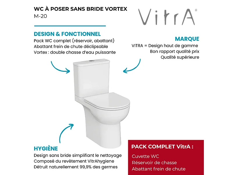 WC à poser sans bride sortie horizontale Vortex VitrA M-20 avec abattant frein de chute