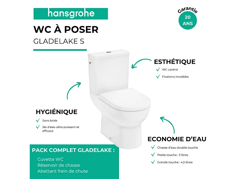 WC à poser sans bride sortie horizontale HANSGROHE GladeLake S avec abattant frein de chute