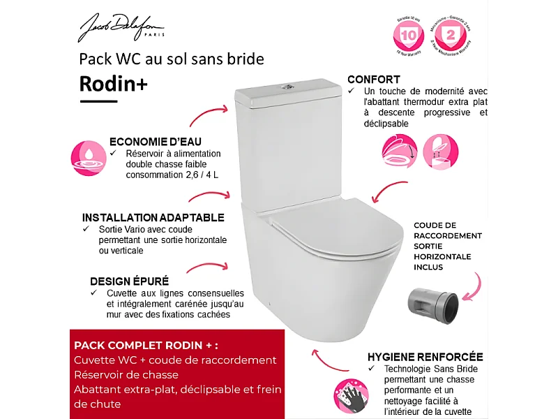 WC à poser sans bride sortie universelle JACOB DELAFON Rodin+ avec abattant frein de chute