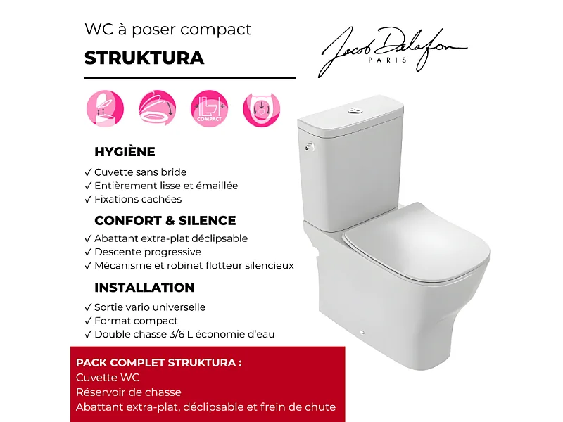 WC à poser compact sans bride sortie universelle JACOB DELAFON avec abattant extra-plat, déclipsable et frein de chute